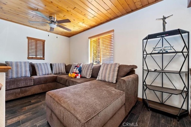 living room featuring dark hardwood / wood-style floors, ceiling fan, and wooden ceiling