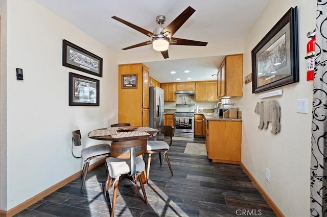 dining area featuring ceiling fan, sink, and dark hardwood / wood-style floors