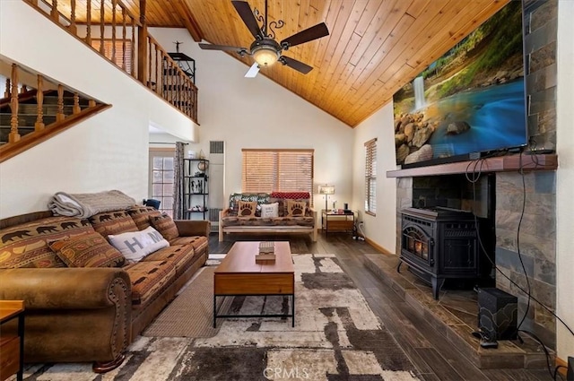 living room featuring a wood stove, wooden ceiling, high vaulted ceiling, dark hardwood / wood-style floors, and ceiling fan