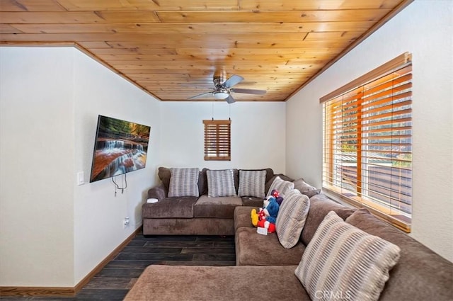 living room featuring ornamental molding, dark hardwood / wood-style floors, ceiling fan, and wooden ceiling