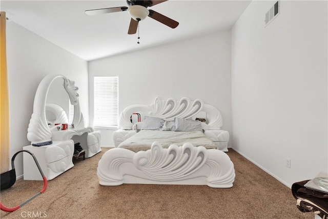 carpeted bedroom featuring ceiling fan and lofted ceiling