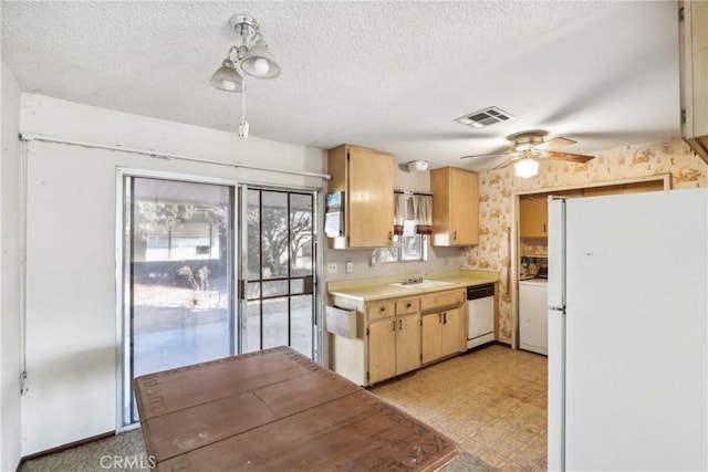 kitchen featuring a textured ceiling, ceiling fan, white appliances, and sink