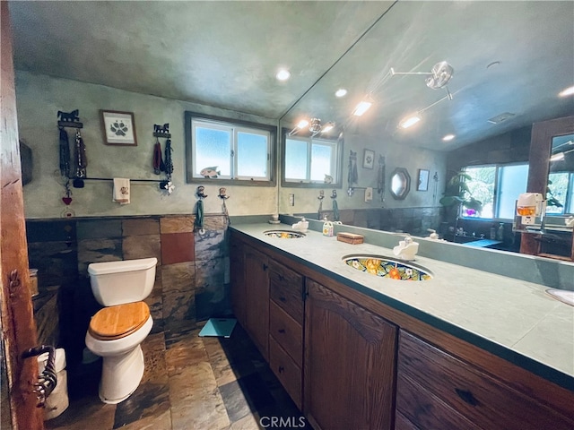 bathroom featuring vanity, toilet, stone finish floor, and plenty of natural light