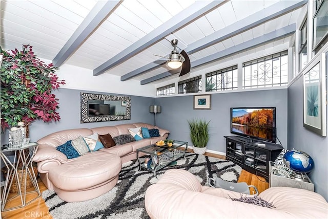 living room with beamed ceiling, ceiling fan, hardwood / wood-style flooring, and wood ceiling