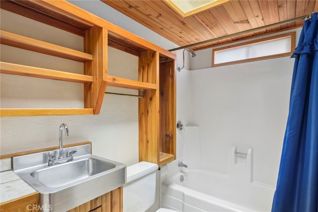 full bathroom with vanity, wood ceiling, shower / bath combo, and toilet