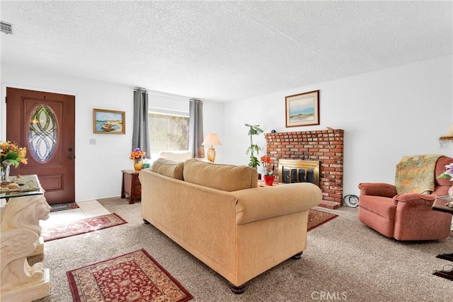 carpeted living room with a textured ceiling and a brick fireplace