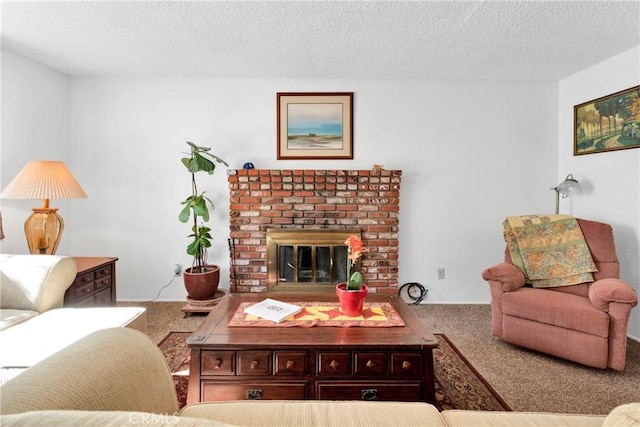 living room with carpet, a textured ceiling, and a brick fireplace