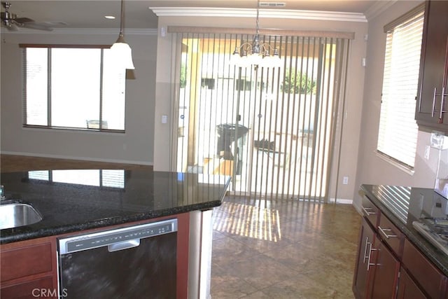 kitchen with ceiling fan with notable chandelier, black dishwasher, hanging light fixtures, and crown molding