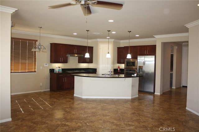 kitchen with appliances with stainless steel finishes, decorative light fixtures, crown molding, and a center island with sink