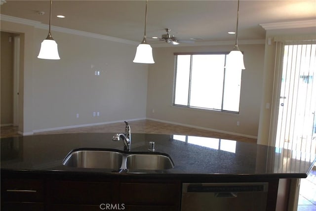 kitchen featuring tile patterned floors, stainless steel dishwasher, ornamental molding, ceiling fan, and sink