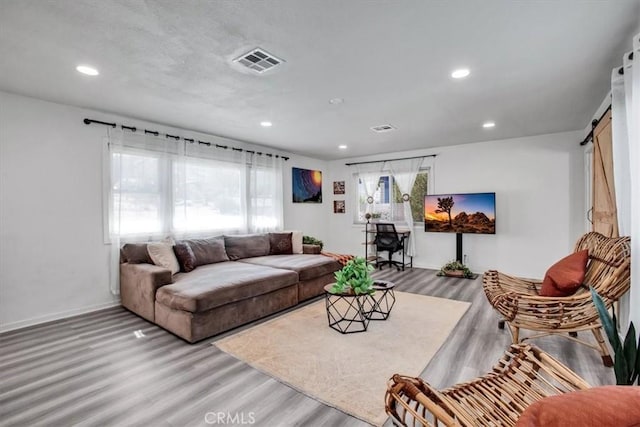 living room with a barn door and light hardwood / wood-style floors