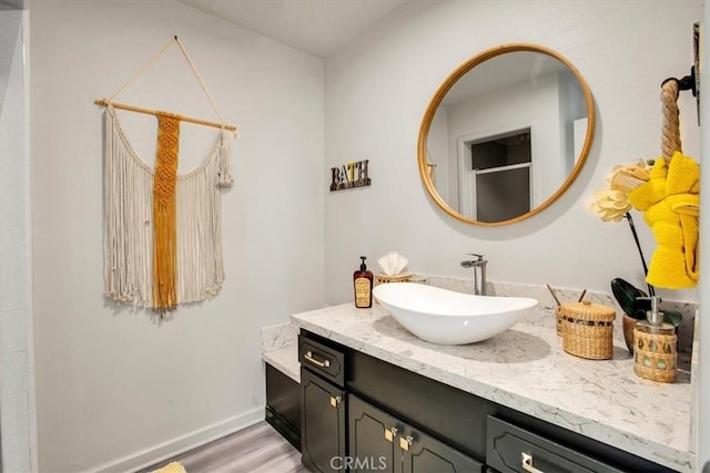 bathroom featuring vanity, an enclosed shower, and wood-type flooring