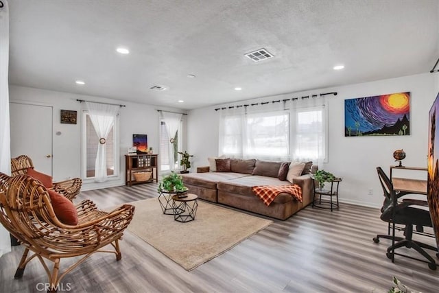 living room with wood-type flooring and a textured ceiling