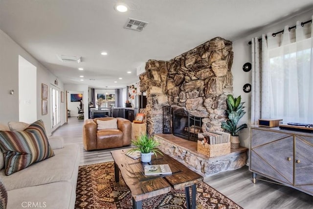 living room featuring a fireplace and wood-type flooring