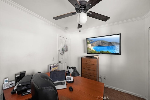 office area with crown molding, ceiling fan, and carpet