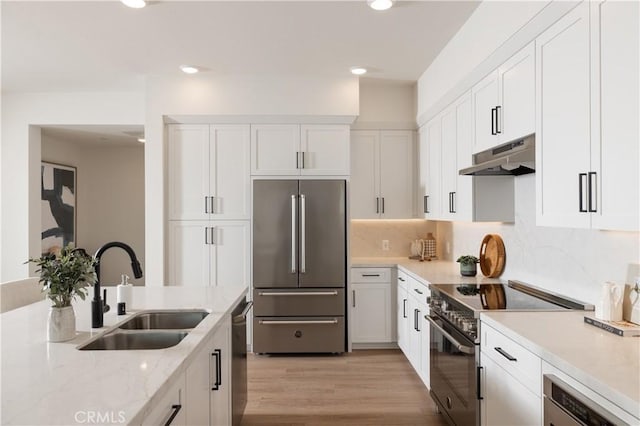 kitchen with sink, white cabinets, light hardwood / wood-style flooring, and premium appliances