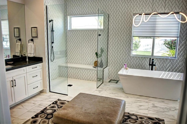 bathroom with separate shower and tub and vanity