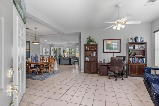 tiled office space featuring ceiling fan