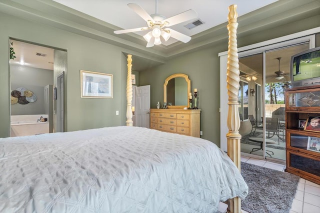 bedroom featuring access to outside, a raised ceiling, ceiling fan, and light tile patterned floors