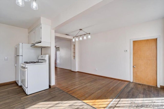 kitchen featuring hanging light fixtures, dark hardwood / wood-style flooring, white cabinets, and white range with gas stovetop