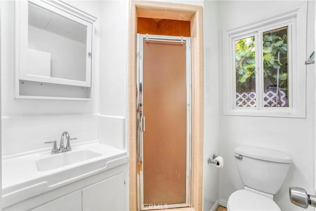 bathroom with toilet, a shower with door, and sink