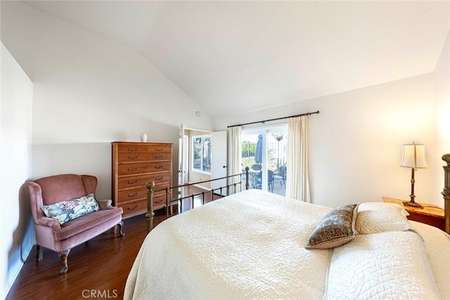 bedroom with access to outside, dark wood-type flooring, and lofted ceiling