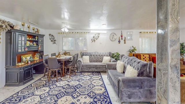 living room featuring ceiling fan