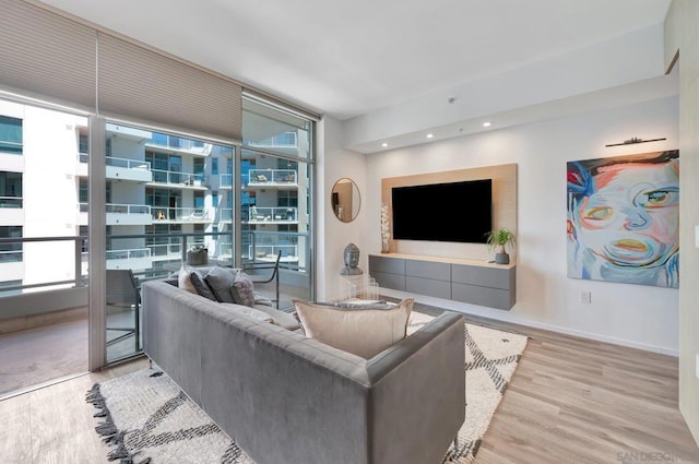 living room with a wall of windows, plenty of natural light, and light hardwood / wood-style flooring