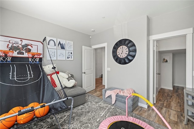 playroom with dark wood-type flooring