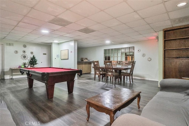 rec room featuring a drop ceiling, dark hardwood / wood-style flooring, and pool table