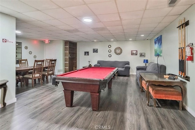 recreation room featuring hardwood / wood-style flooring, a drop ceiling, and billiards