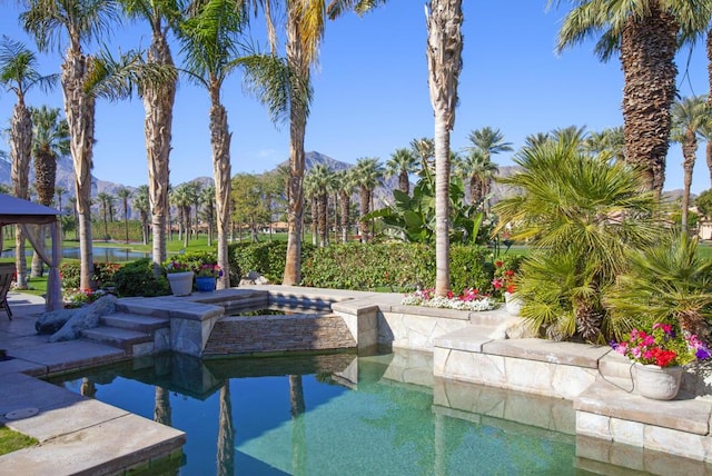 view of swimming pool with a mountain view and a jacuzzi