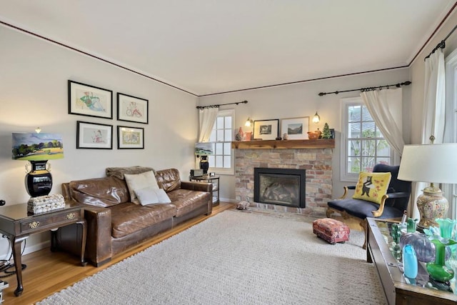 living room featuring wood-type flooring and a fireplace