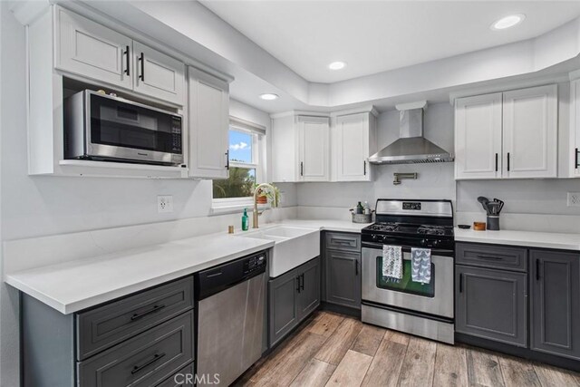 kitchen with white cabinetry, wood-type flooring, wall chimney range hood, and appliances with stainless steel finishes