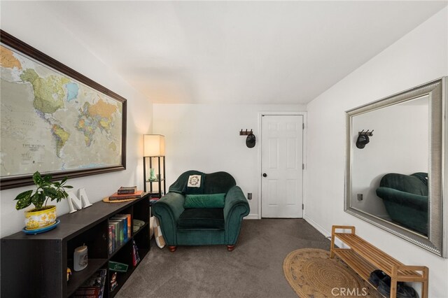 living area with dark colored carpet