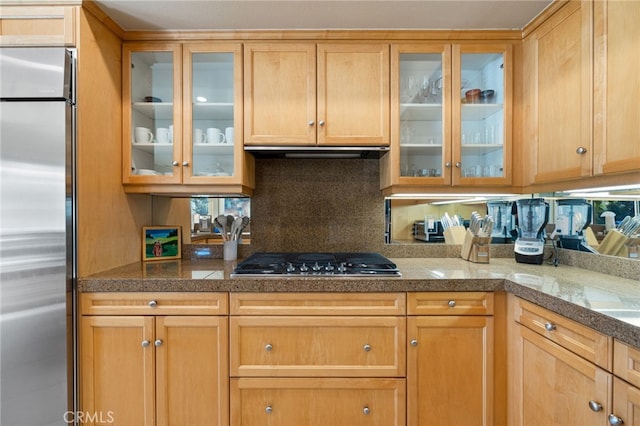 kitchen featuring tasteful backsplash, exhaust hood, and appliances with stainless steel finishes