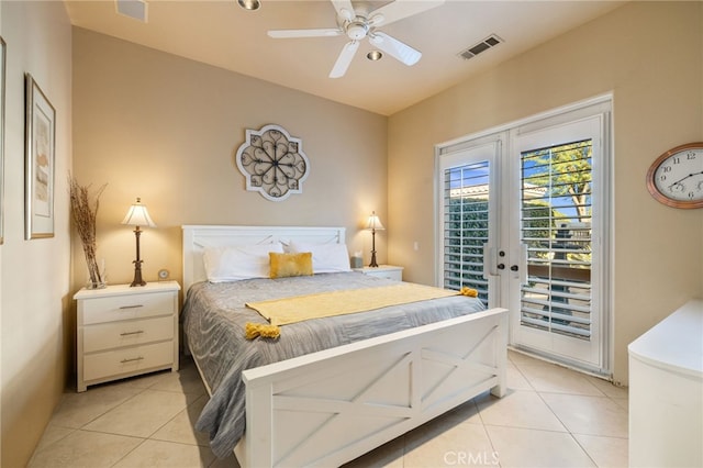 tiled bedroom featuring access to exterior, french doors, and ceiling fan