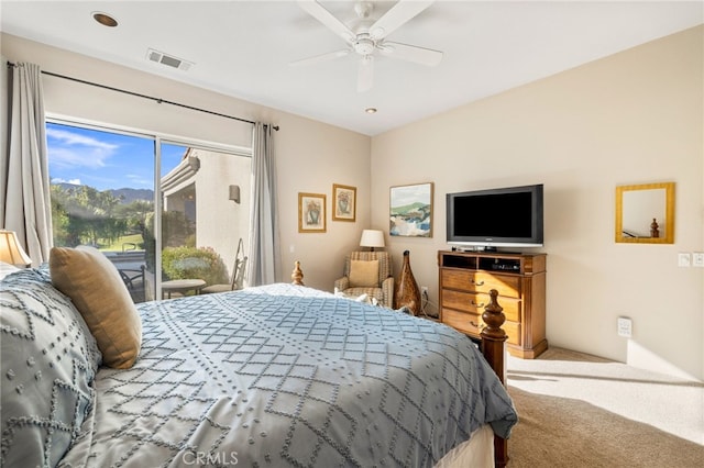 bedroom featuring carpet floors, access to outside, and ceiling fan