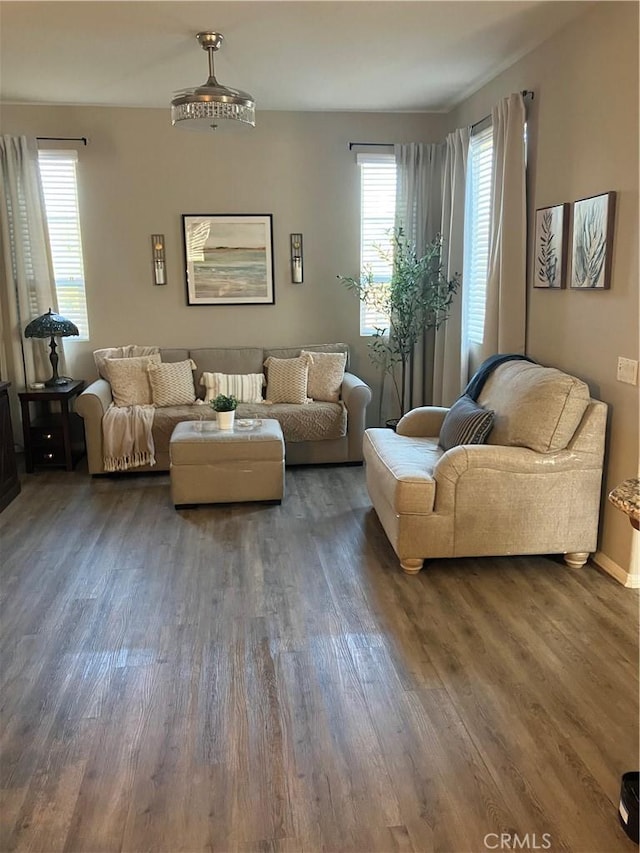 living room featuring a healthy amount of sunlight and dark hardwood / wood-style flooring