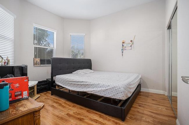 bedroom with wood-type flooring and a closet