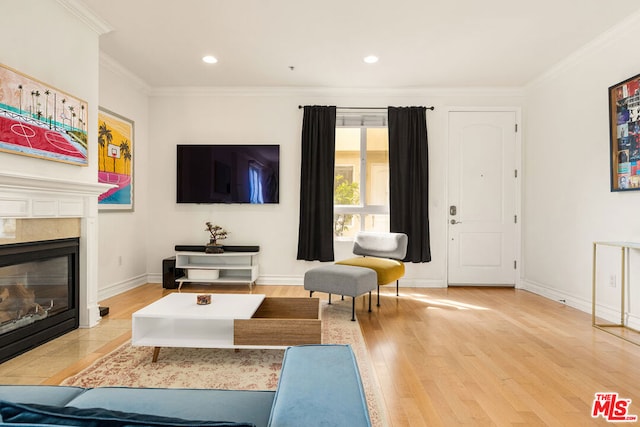 living room featuring crown molding, a fireplace, and light hardwood / wood-style floors