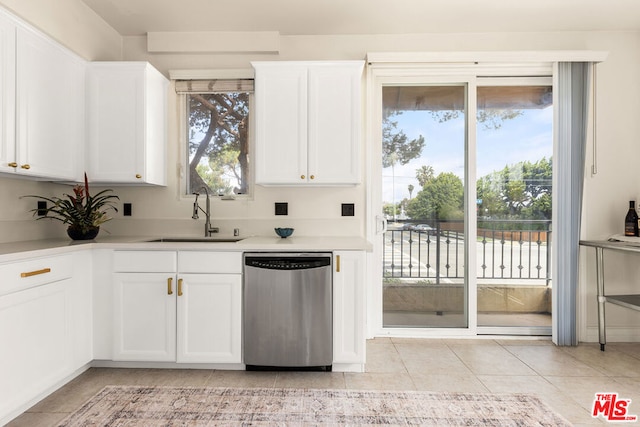 kitchen featuring white cabinetry, sink, stainless steel dishwasher, and plenty of natural light