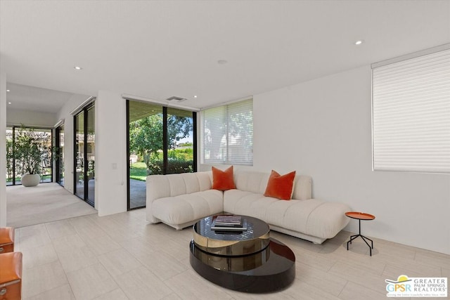 living room featuring a wall of windows