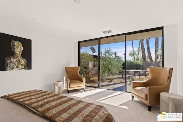 carpeted bedroom featuring expansive windows and access to exterior