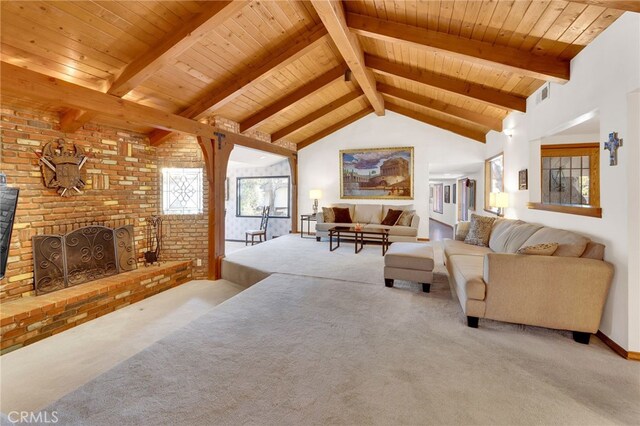 living room featuring a brick fireplace, visible vents, beam ceiling, and light colored carpet