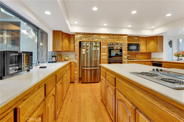 kitchen with sink, light hardwood / wood-style flooring, and black appliances