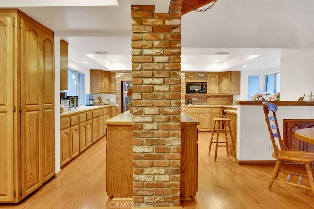 kitchen featuring light hardwood / wood-style floors, a raised ceiling, and a wealth of natural light