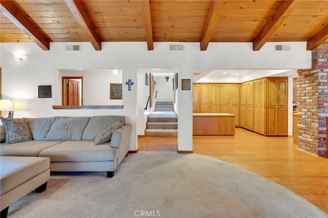 living room featuring light hardwood / wood-style floors, wood ceiling, and beam ceiling