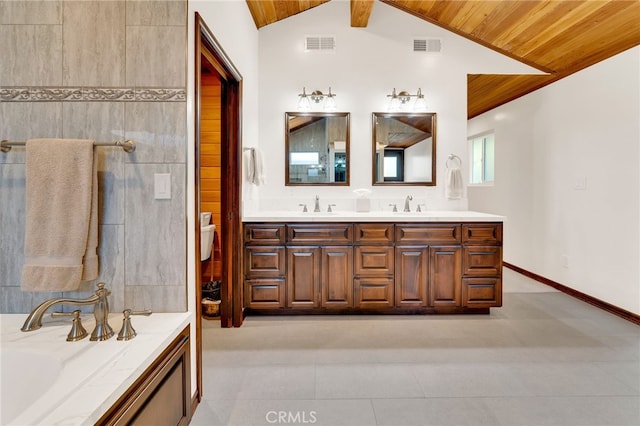 bathroom with wooden ceiling, lofted ceiling, toilet, a bathtub, and vanity