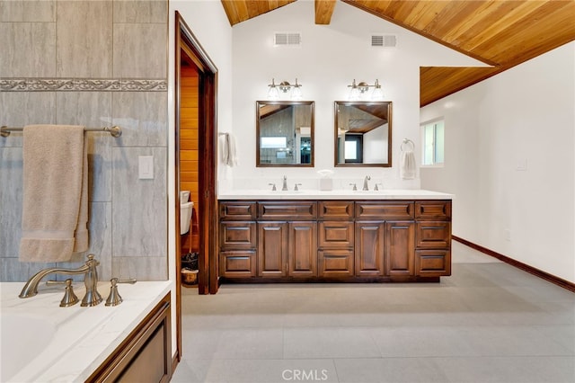 full bath with lofted ceiling, wooden ceiling, a garden tub, a sink, and double vanity